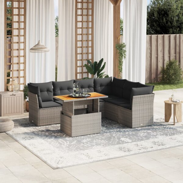 vidaXL 7-tlg. Garten-Sofagarnitur mit Kissen Grau Poly Rattan