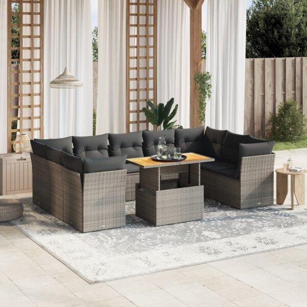 vidaXL 10-tlg. Garten-Sofagarnitur mit Kissen Grau Poly Rattan