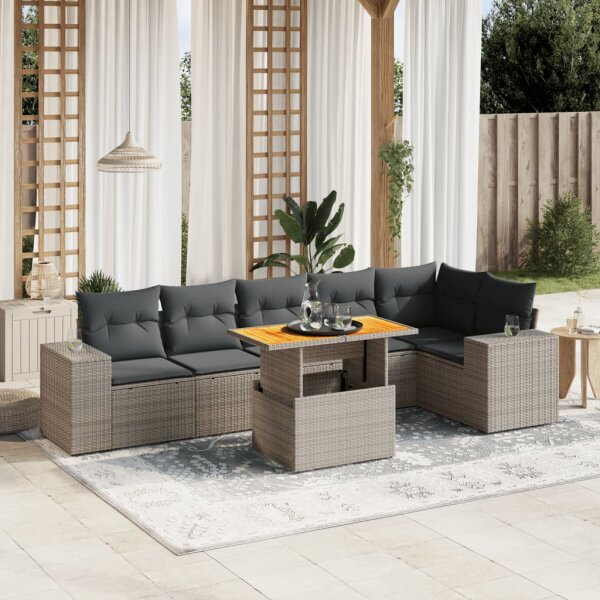 vidaXL 7-tlg. Garten-Sofagarnitur mit Kissen Grau Poly Rattan