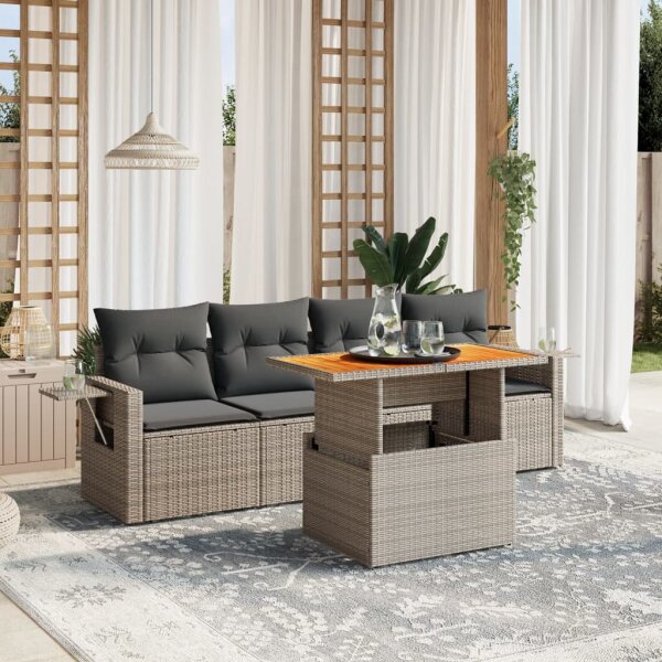 vidaXL 5-tlg. Garten-Sofagarnitur mit Kissen Grau Poly Rattan