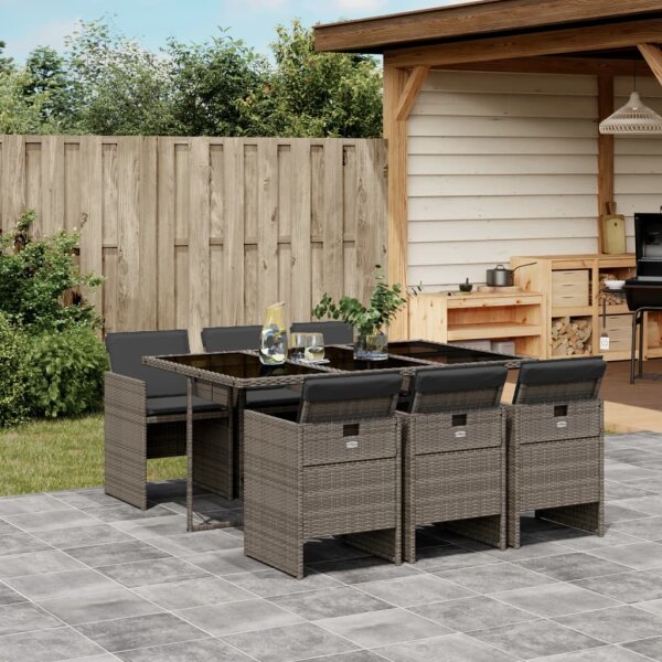 vidaXL 7-tlg. Garten-Essgruppe mit Kissen Grau Poly Rattan