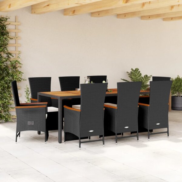 vidaXL 9-tlg. Garten-Essgruppe mit Kissen Schwarz Poly Rattan