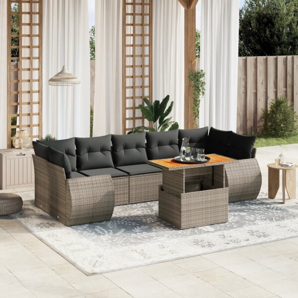 vidaXL 8-tlg. Garten-Sofagarnitur mit Kissen Grau Poly Rattan