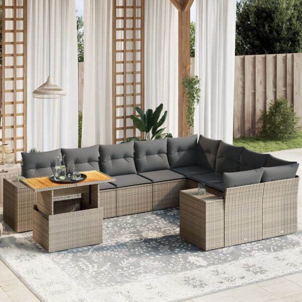 vidaXL 10-tlg. Garten-Sofagarnitur mit Kissen Grau Poly Rattan