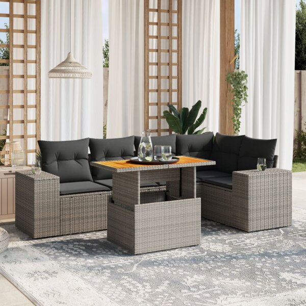 vidaXL 6-tlg. Garten-Sofagarnitur mit Kissen Grau Poly Rattan