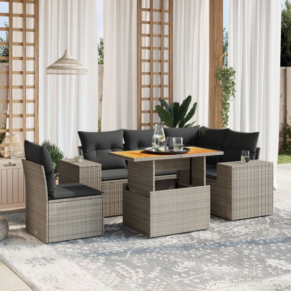 vidaXL 6-tlg. Garten-Sofagarnitur mit Kissen Grau Poly Rattan