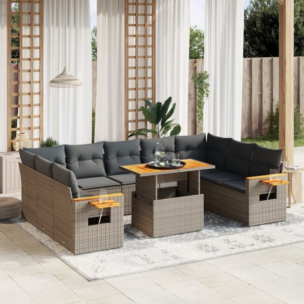 vidaXL 11-tlg. Garten-Sofagarnitur mit Kissen Grau Poly Rattan