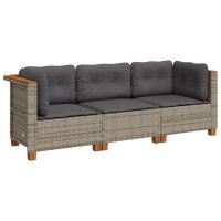 vidaXL Gartensofa mit Kissen 3-Sitzer Grau Poly Rattan