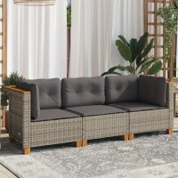 vidaXL Gartensofa mit Kissen 3-Sitzer Grau Poly Rattan