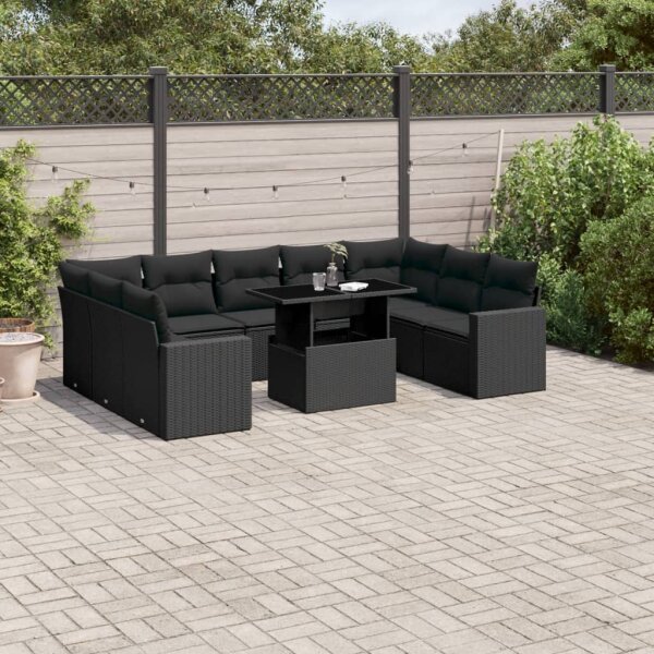 vidaXL 10-tlg. Garten-Sofagarnitur mit Kissen Schwarz Poly Rattan