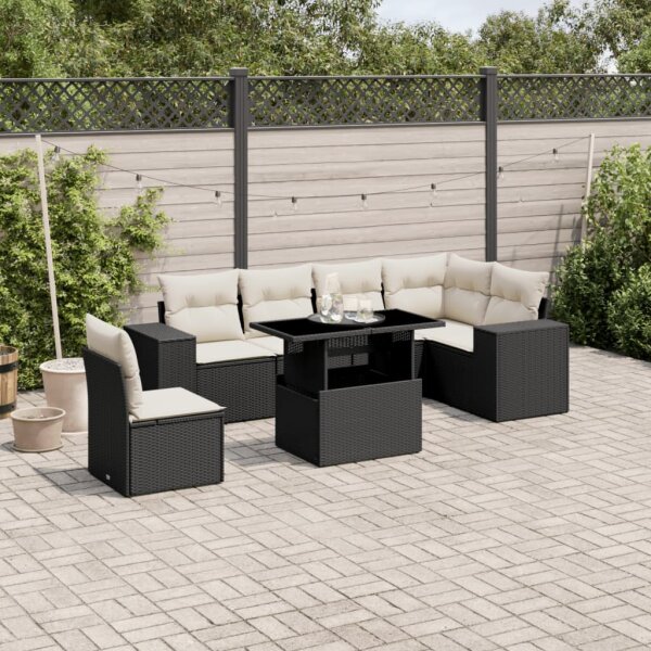 vidaXL 7-tlg. Garten-Sofagarnitur mit Kissen Schwarz Poly Rattan