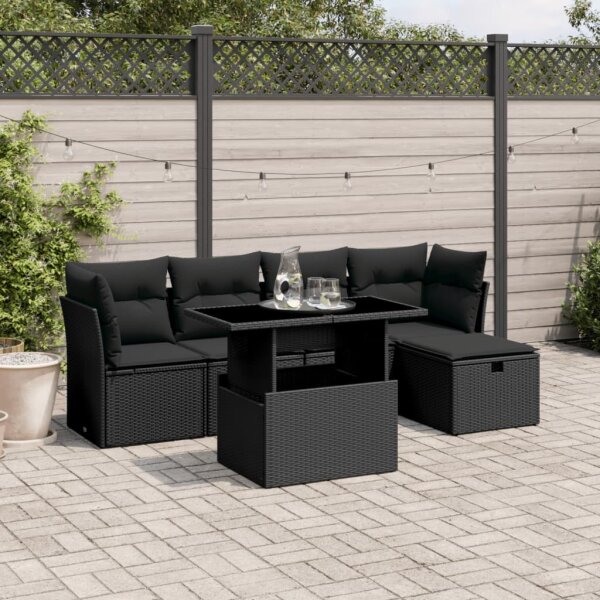 vidaXL 6-tlg. Garten-Sofagarnitur mit Kissen Schwarz Poly Rattan