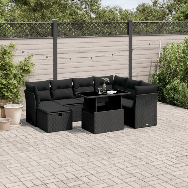 vidaXL 8-tlg. Garten-Sofagarnitur mit Kissen Schwarz Poly Rattan