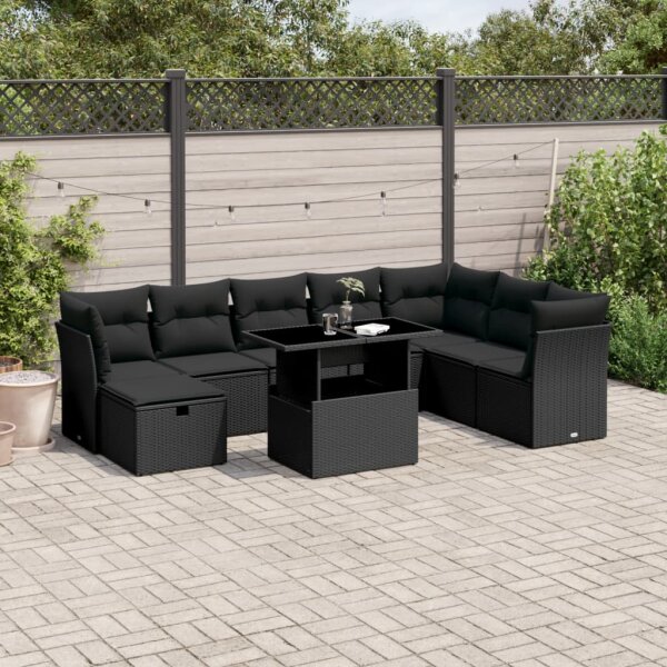 vidaXL 9-tlg. Garten-Sofagarnitur mit Kissen Schwarz Poly Rattan