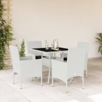 vidaXL 5-tlg. Garten-Essgruppe mit Kissen Wei&szlig; Poly Rattan und Glas