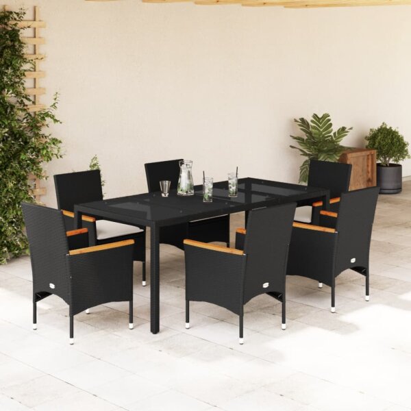 vidaXL 7-tlg. Garten-Essgruppe mit Kissen Schwarz Poly Rattan Glas