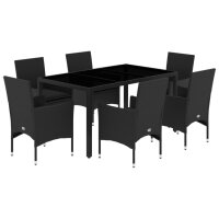 vidaXL 7-tlg. Garten-Essgruppe mit Kissen Schwarz Poly Rattan Glas