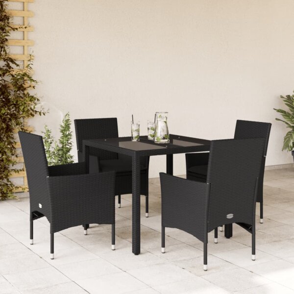 vidaXL 5-tlg. Garten-Essgruppe mit Kissen Schwarz Poly Rattan und Glas