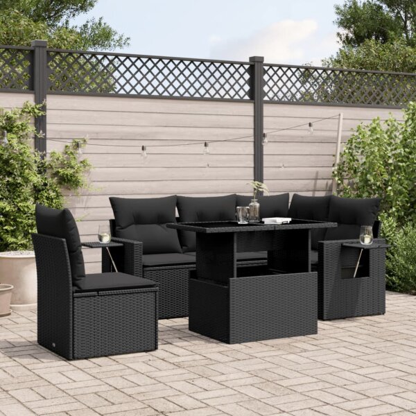 vidaXL 6-tlg. Garten-Sofagarnitur mit Kissen Schwarz Poly Rattan