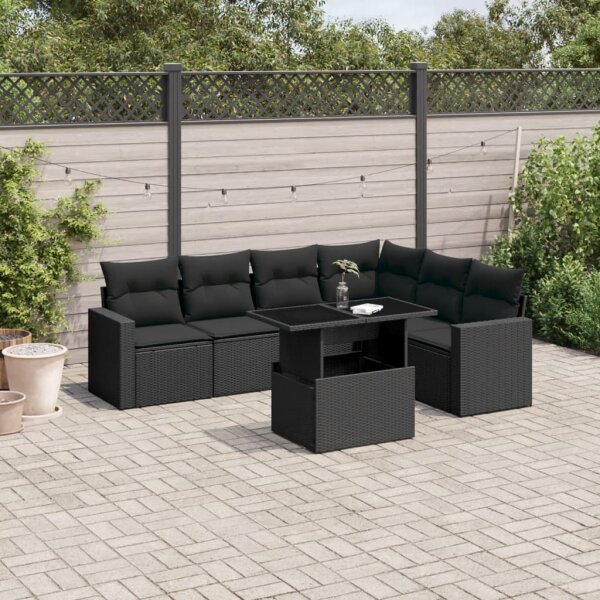 vidaXL 7-tlg. Garten-Sofagarnitur mit Kissen Schwarz Poly Rattan