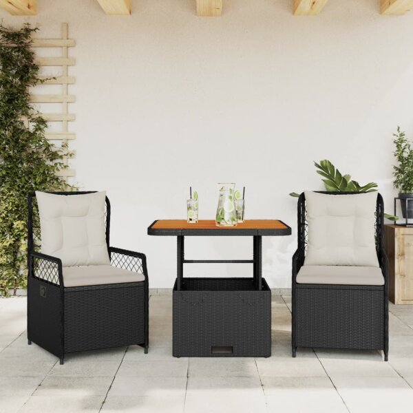 vidaXL 3-tlg. Garten-Essgruppe mit Kissen Schwarz Poly Rattan