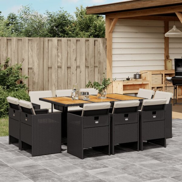 vidaXL 11-tlg. Garten-Essgruppe mit Kissen Schwarz Poly Rattan