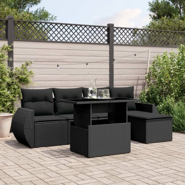 vidaXL 6-tlg. Garten-Sofagarnitur mit Kissen Schwarz Poly Rattan