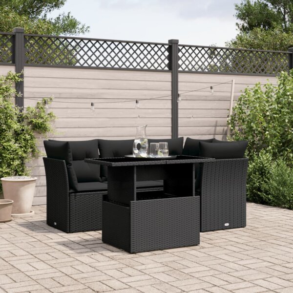 vidaXL 5-tlg. Garten-Sofagarnitur mit Kissen Schwarz Poly Rattan