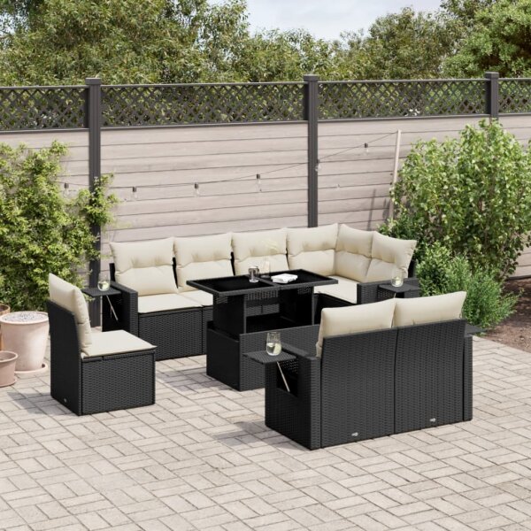 vidaXL 9-tlg. Garten-Sofagarnitur mit Kissen Schwarz Poly Rattan