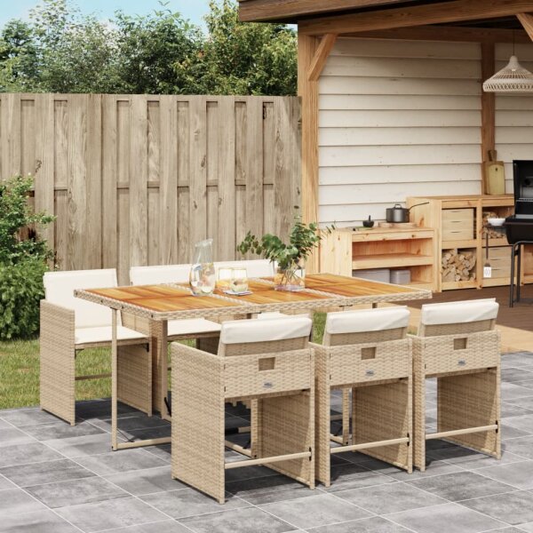 vidaXL 7-tlg. Garten-Essgruppe mit Kissen Beige Poly Rattan