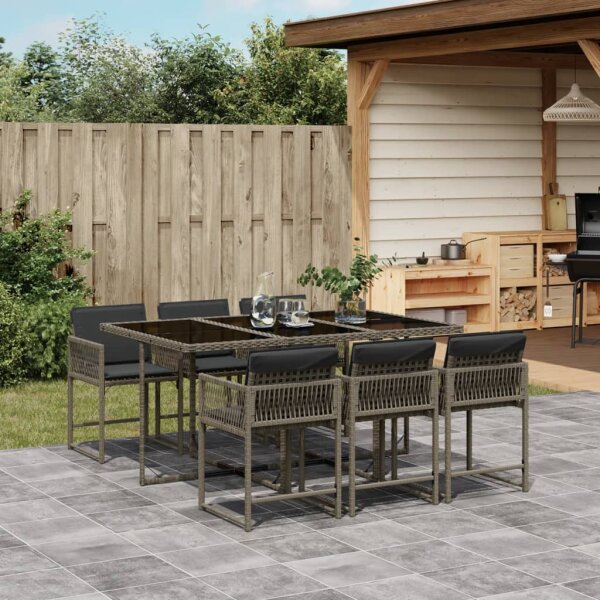 vidaXL 7-tlg. Garten-Essgruppe mit Kissen Grau Poly Rattan