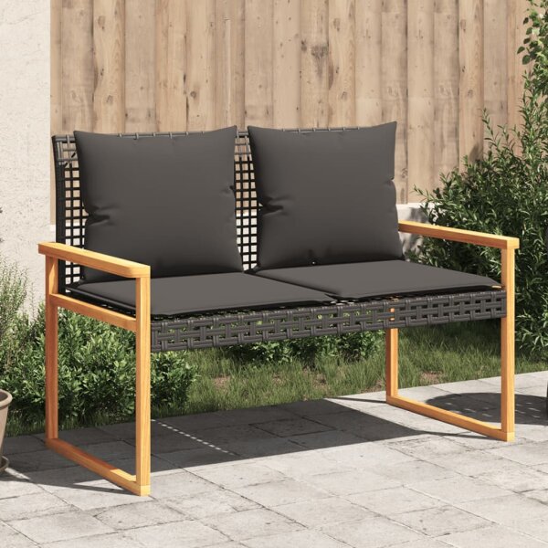 vidaXL Gartenbank mit Kissen Schwarz Poly Rattan Akazienholz