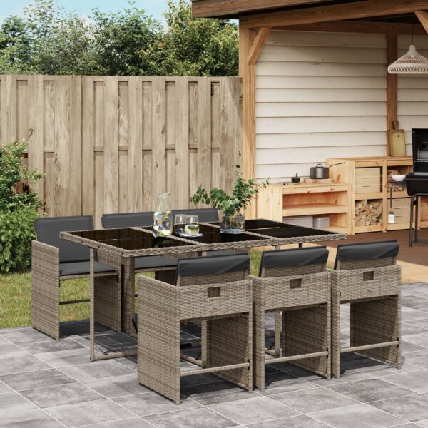 vidaXL 7-tlg. Garten-Essgruppe mit Kissen Grau Poly Rattan