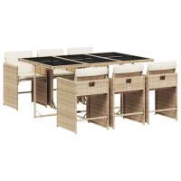 vidaXL 7-tlg. Garten-Essgruppe mit Kissen Beige Poly Rattan