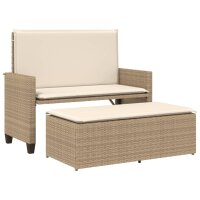 vidaXL Gartenbank mit Kissen und Hocker Beige Poly Rattan