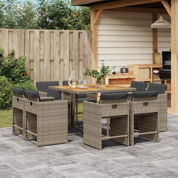 vidaXL 9-tlg. Garten-Essgruppe mit Kissen Grau Poly Rattan