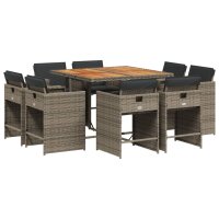 vidaXL 9-tlg. Garten-Essgruppe mit Kissen Grau Poly Rattan