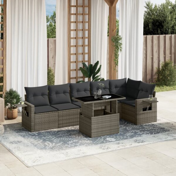 vidaXL 7-tlg. Garten-Sofagarnitur mit Kissen Grau Poly Rattan