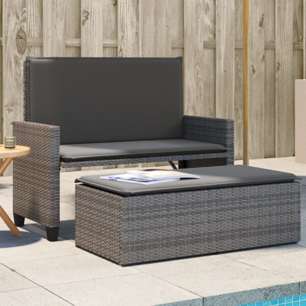 vidaXL Gartenbank mit Kissen und Hocker Grau Poly Rattan