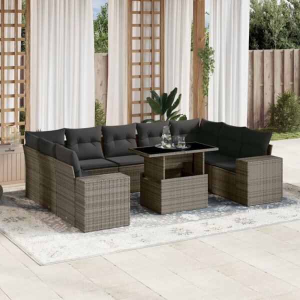 vidaXL 10-tlg. Garten-Sofagarnitur mit Kissen Grau Poly Rattan