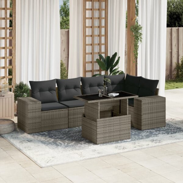 vidaXL 6-tlg. Garten-Sofagarnitur mit Kissen Grau Poly Rattan