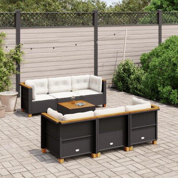 vidaXL 7-tlg. Garten-Sofagarnitur mit Kissen Schwarz Poly Rattan