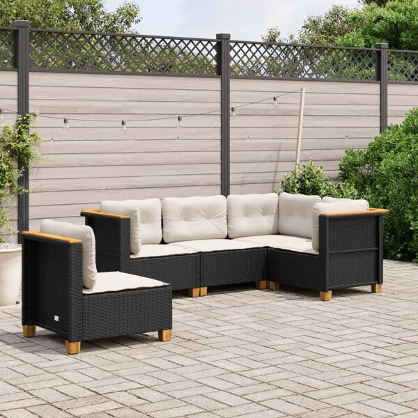 vidaXL 5-tlg. Garten-Sofagarnitur mit Kissen Schwarz Poly Rattan