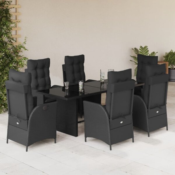 vidaXL 7-tlg. Garten-Essgruppe mit Kissen Schwarz Poly Rattan