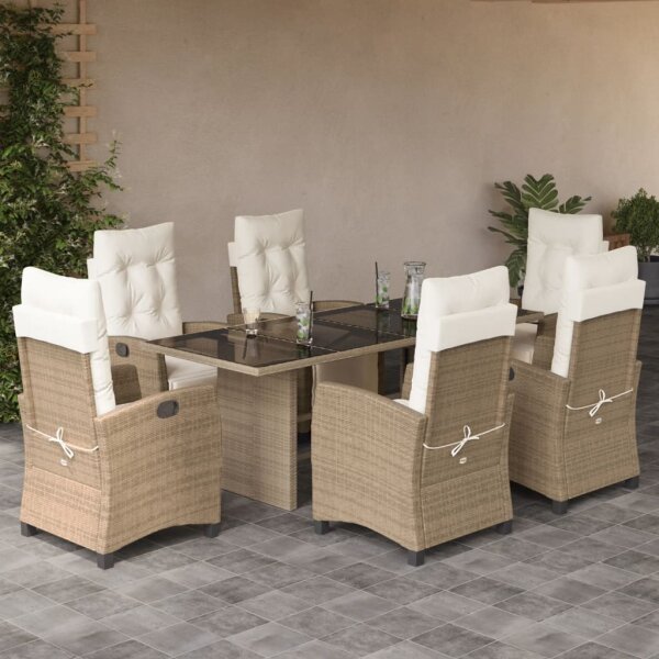 vidaXL 7-tlg. Garten-Essgruppe mit Kissen Beige Poly Rattan