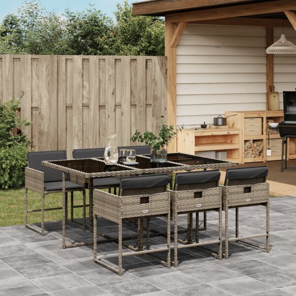 vidaXL 7-tlg. Garten-Essgruppe mit Kissen Grau Poly Rattan