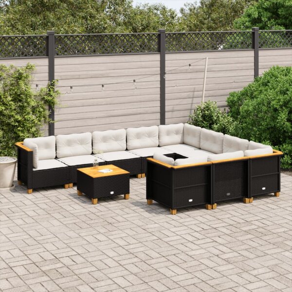 vidaXL 11-tlg. Garten-Sofagarnitur mit Kissen Schwarz Poly Rattan