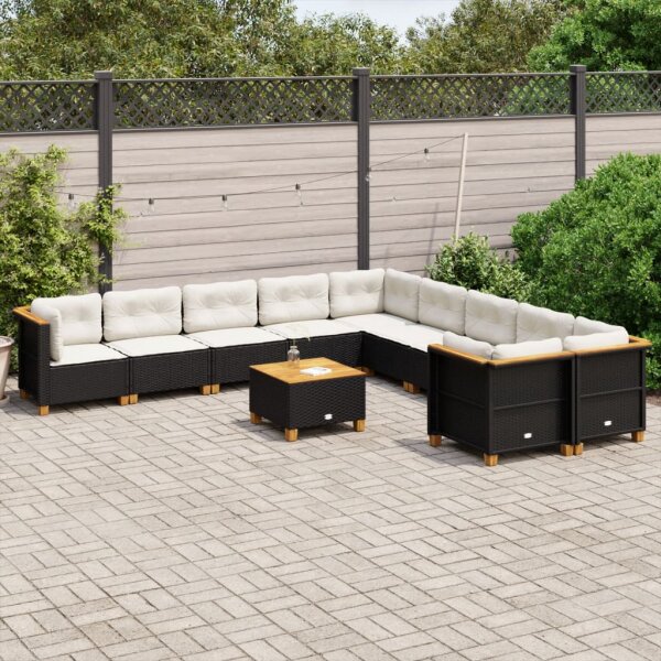 vidaXL 11-tlg. Garten-Sofagarnitur mit Kissen Schwarz Poly Rattan