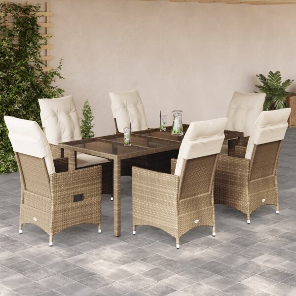 vidaXL 7-tlg. Garten-Essgruppe mit Kissen Beige Poly Rattan