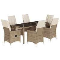 vidaXL 7-tlg. Garten-Essgruppe mit Kissen Beige Poly Rattan